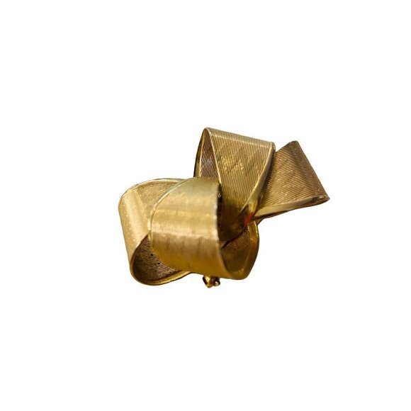 Goldtone Bow Textured Chevron Texture Brooch Pin Dimensional 1.8" - Picture 5 of 14
